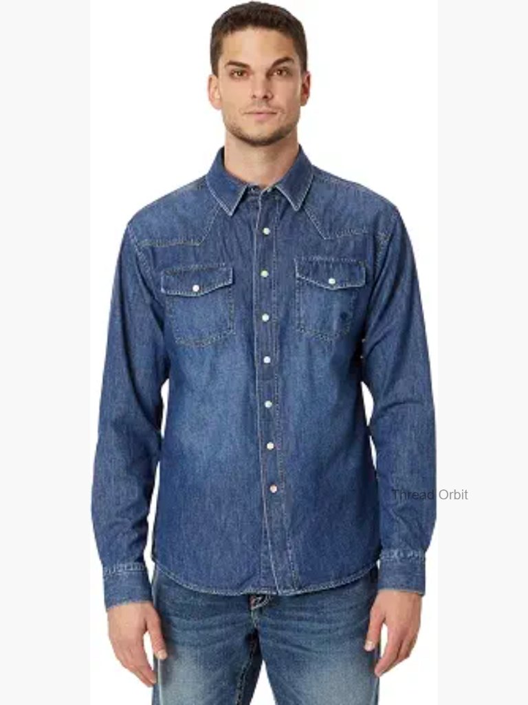 Men's Cotton Denim Button-Down Shirt With Snap Placket